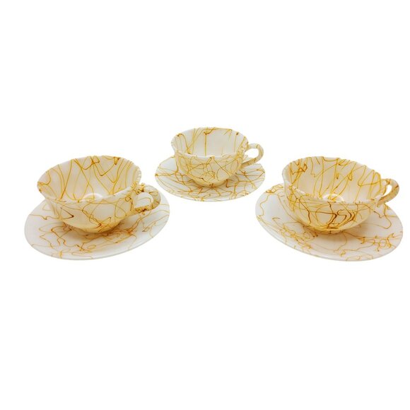 Vintage Hazel Atlas Spagetti Splatter Marbled Milk Glass Tea Cup & Saucer Set Of - Picture 9 of 11